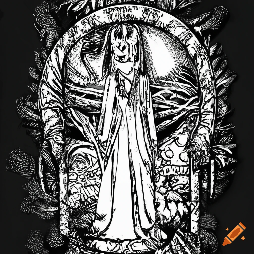 Black and white outline tarot card illustration