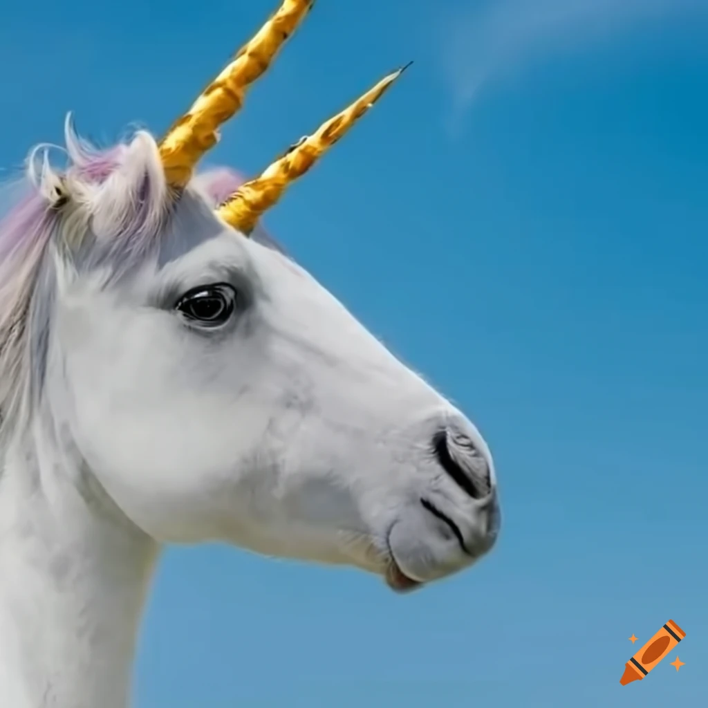 Einhorn mit gelbem Fell auf blauer Luftmatratze mit Passagierflugzeug im Hintergrund