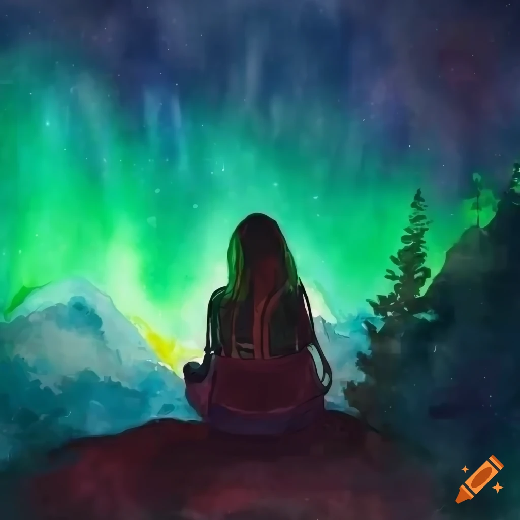 Girl with backpack sitting under green northern lights at night