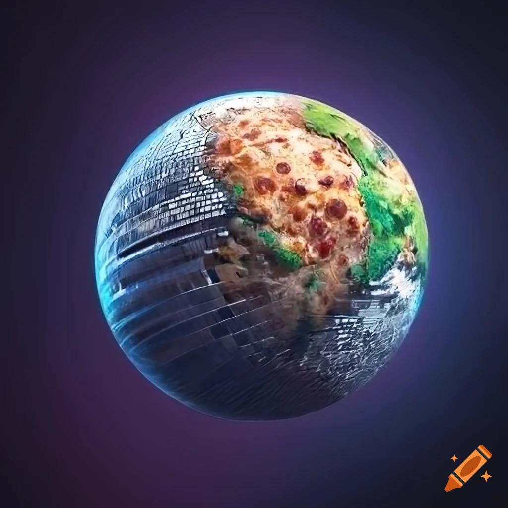 Composite image of Earth, pizza, and disco ball in a circular blend