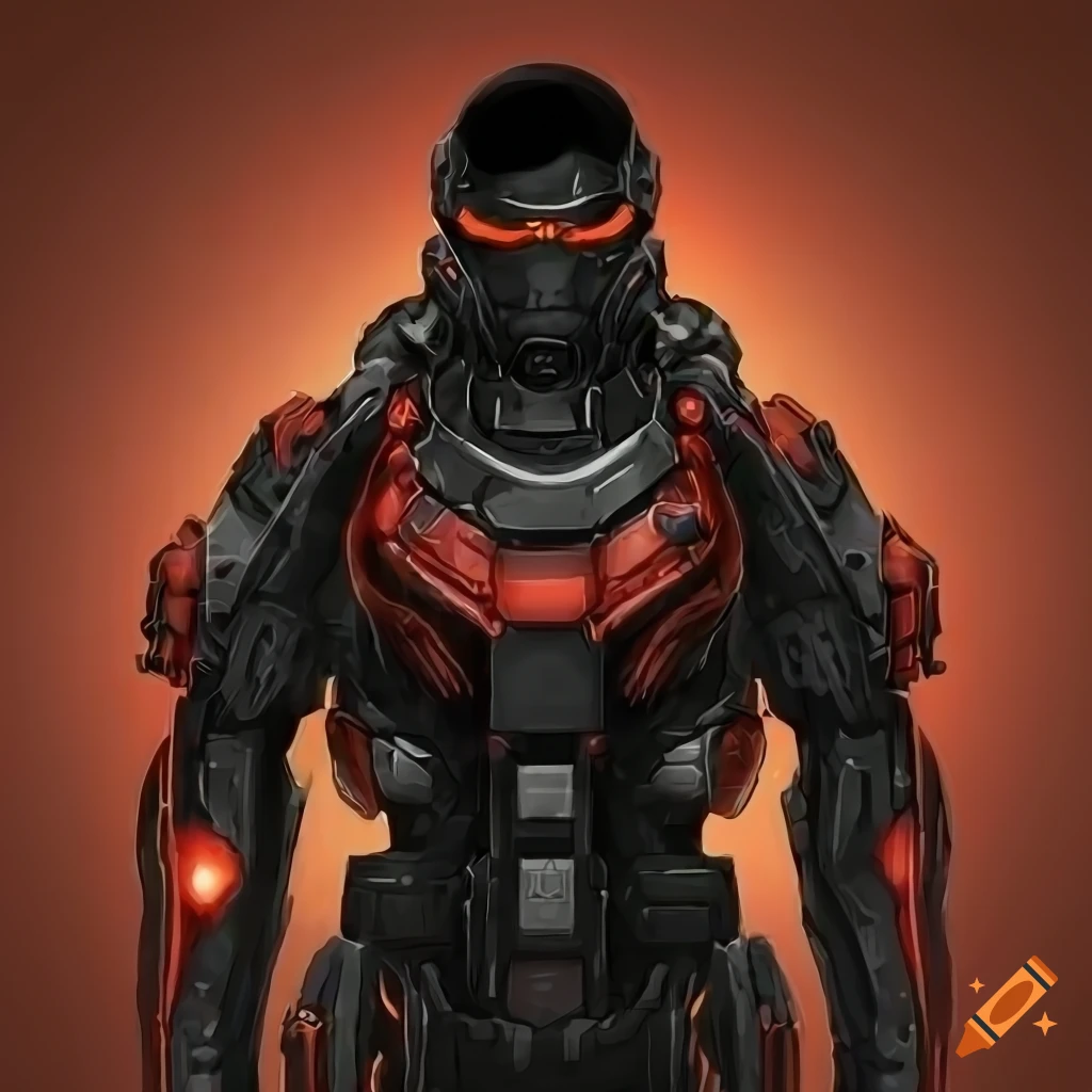 Sci-fi futuristic soldier in black, gold, and red armor with rifle in hand