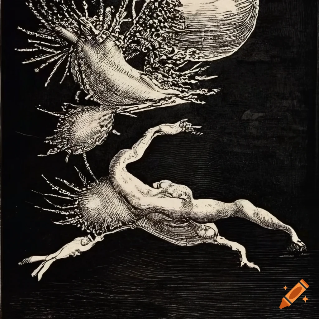Sea slugs flying in the sky in 15th-century style engraving