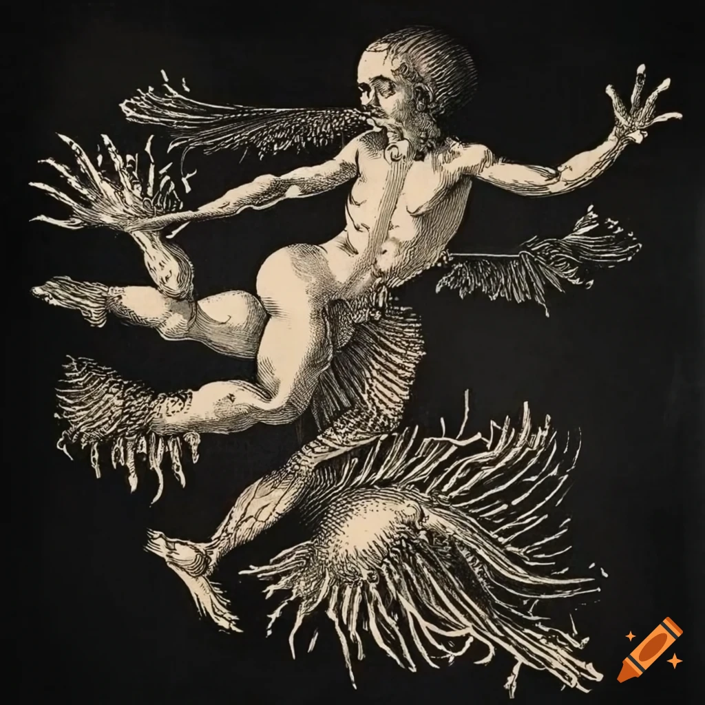 Floating sea slugs in the sky in a 15th century style