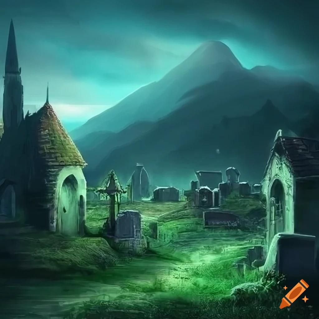 Fantasy cemetery with green light near mountains and a house