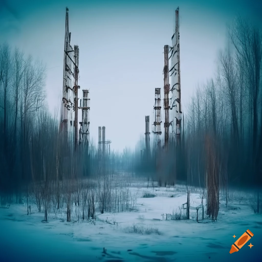 Snowy winter environment in Pripyat, Ukraine showcasing abandoned structures and industrial areas