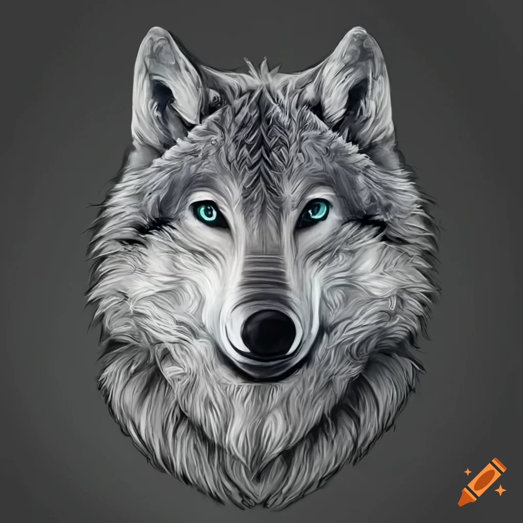 Celtic-inspired symmetrical black and white wolf head design