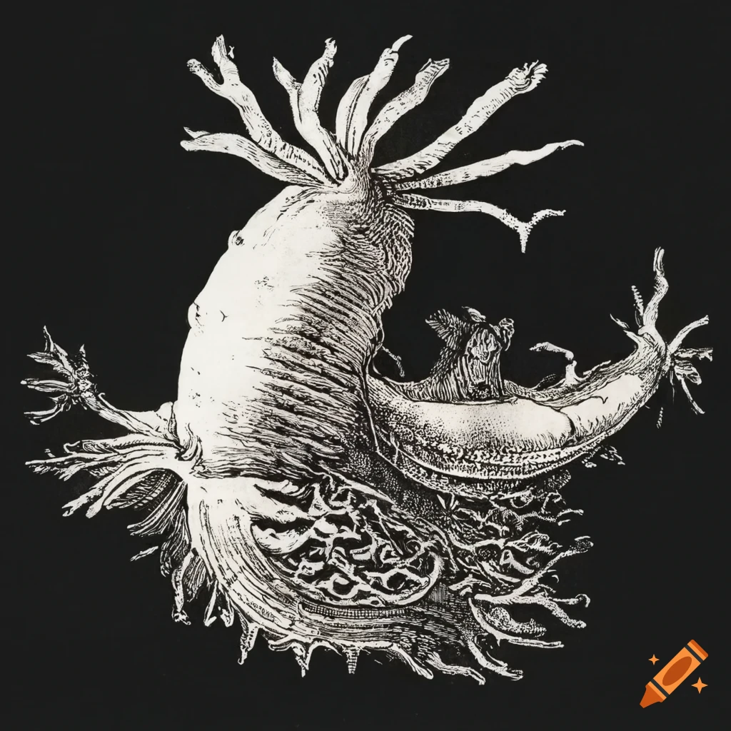 Human-like sea slugs floating in the sky in 15th-century style engraving