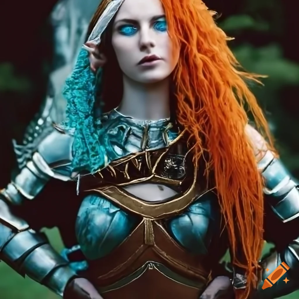 Blue-eyed female sea elf cleric in heavy armor and leather boots