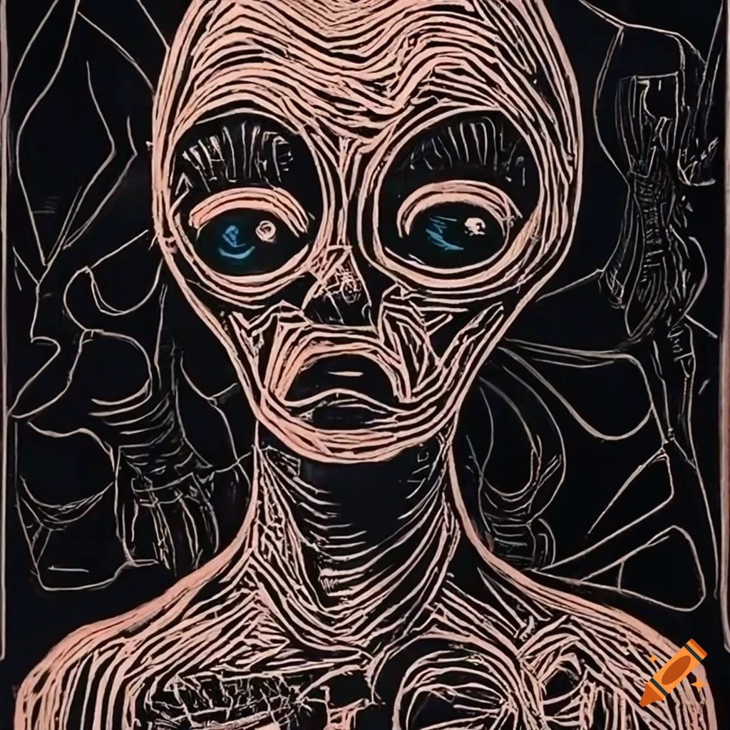 Lino print of men surrounded by strange objects in a surreal alien landscape