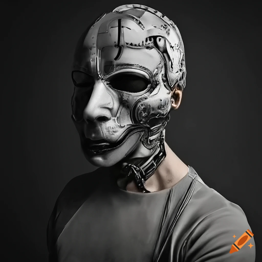Realistic black and white photograph of a male cyborg in 1880s style