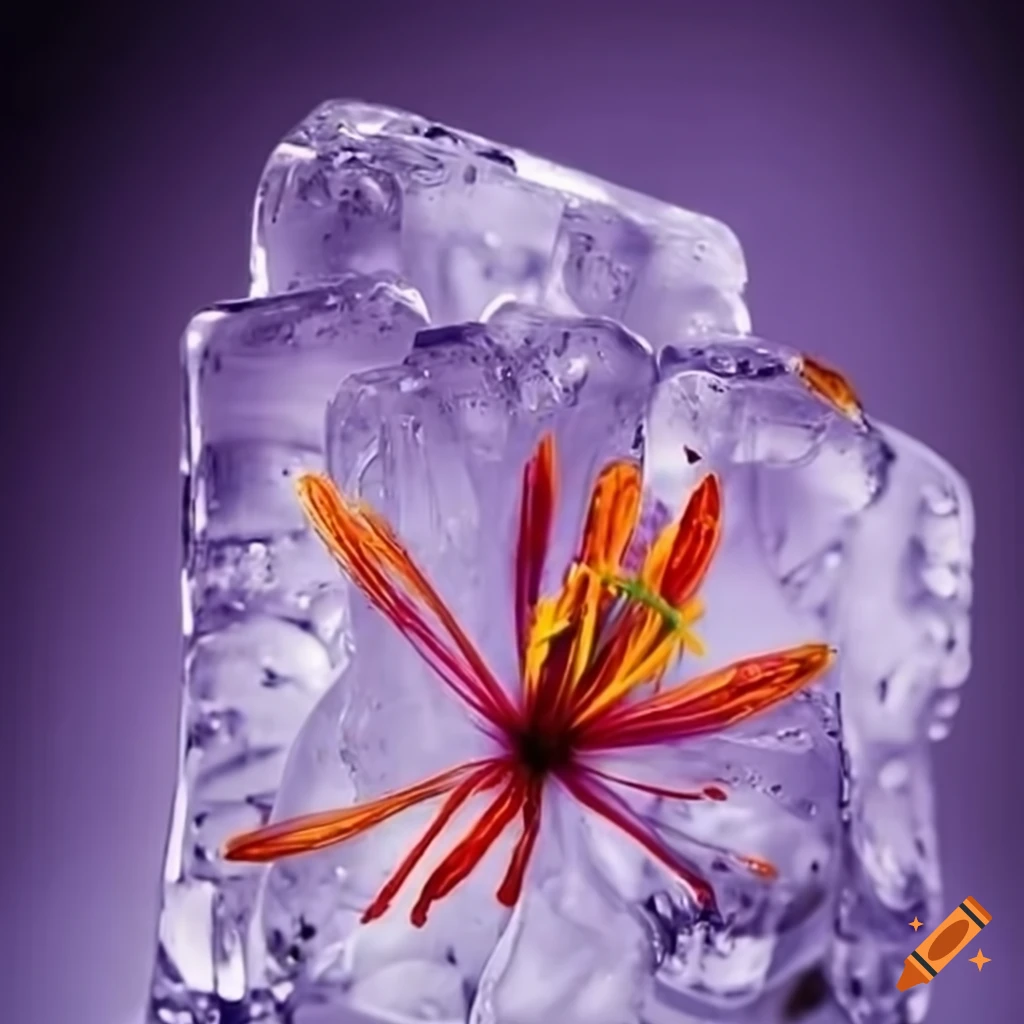 Saffron flower frozen in crystal clear ice