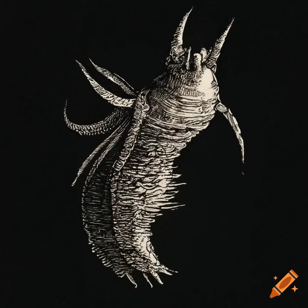 Human-like sea slugs floating in the sky in 15th-century style engraving