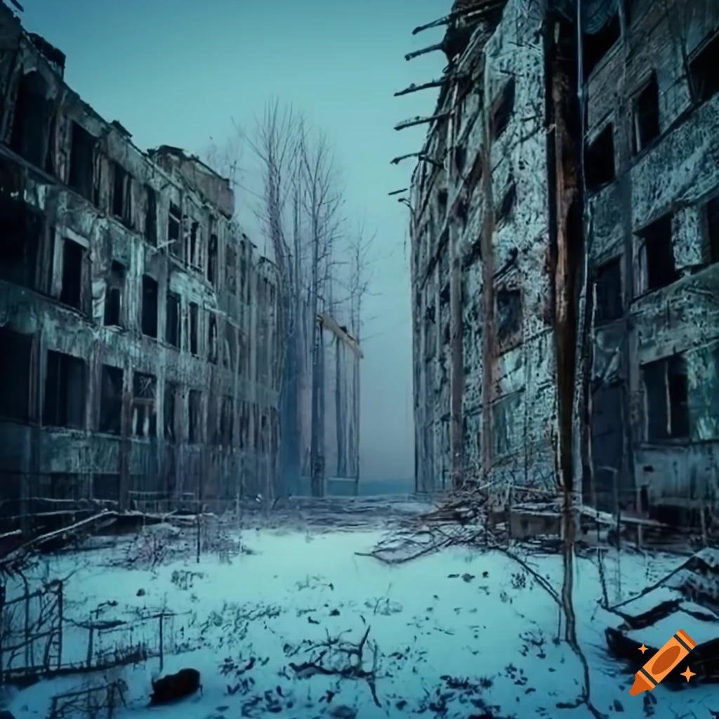 Snowy winter environment in Pripyat, Ukraine showcasing abandoned structures and industrial areas