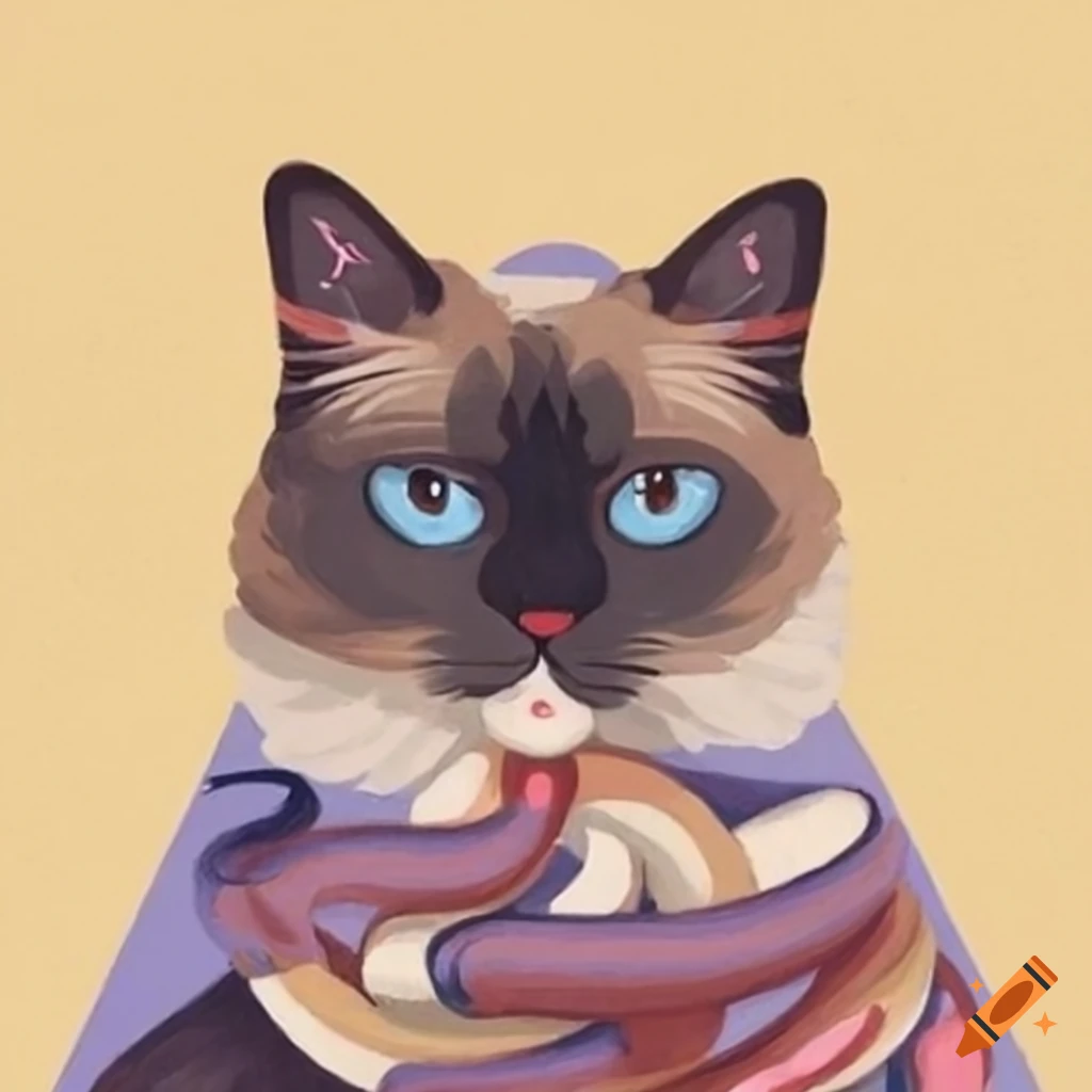 Ragdoll cat with snake friend in front of a pyramid in an oil painting