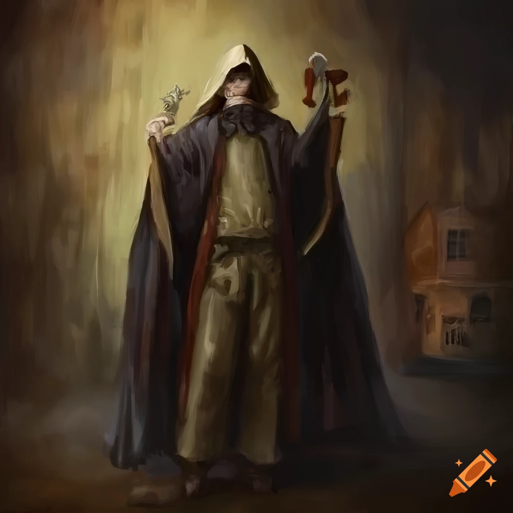 Oil portrait of a mysterious sorcerer with green eyes and magical belt