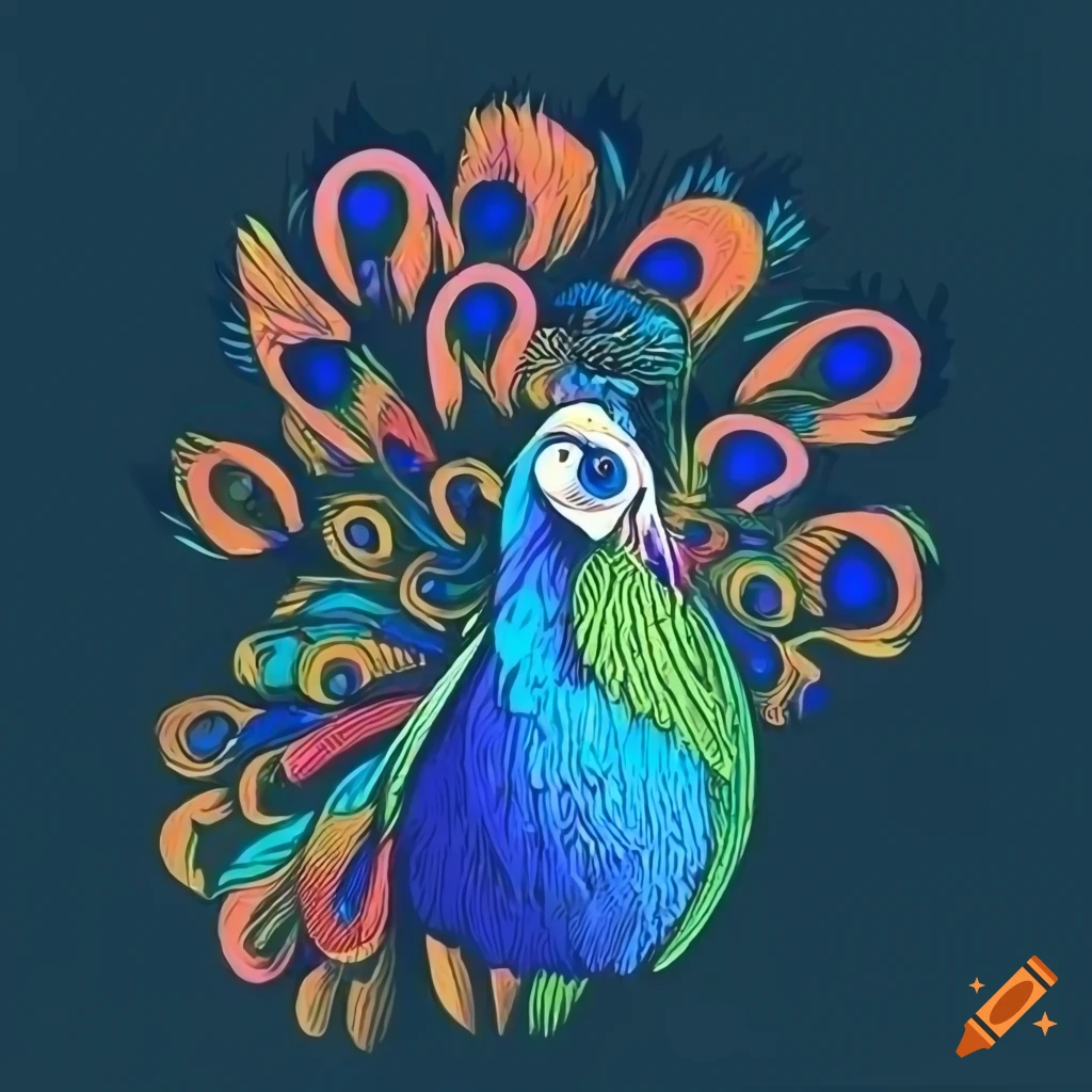 Peacock illustration in woodcut style with halftoning colored shapes