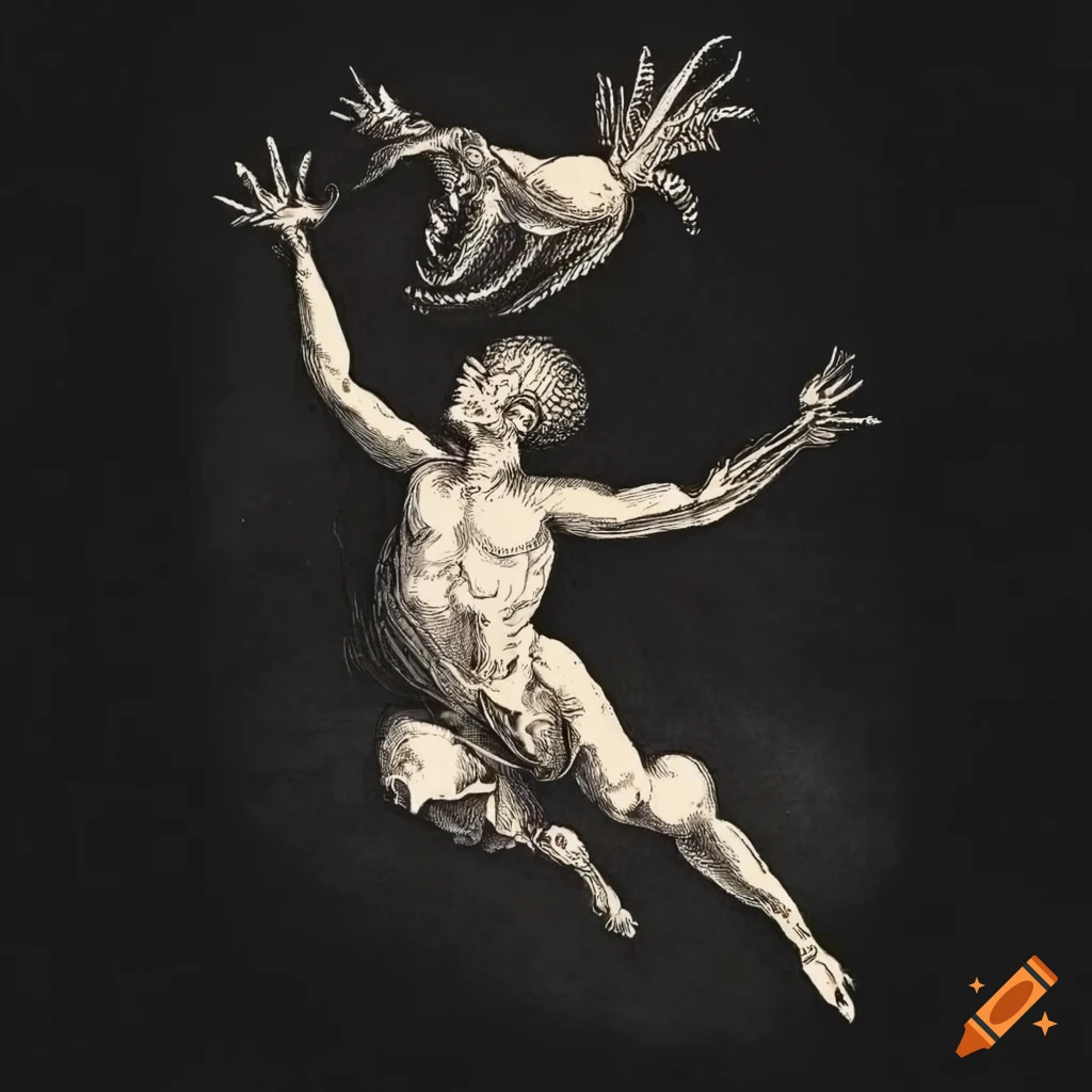 Floating machine-like sea slugs flying in the sky in 15th-century style
