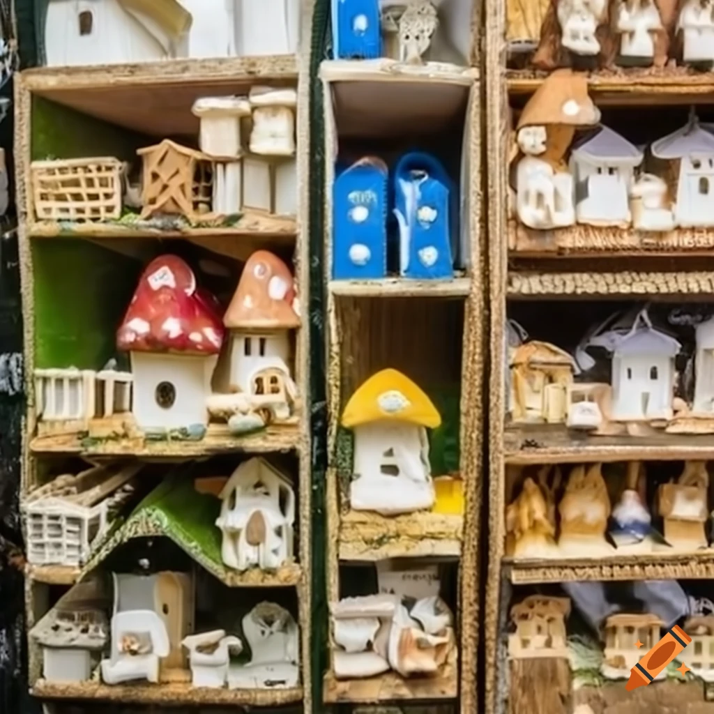 Miniature mushroom houses on a store shelf