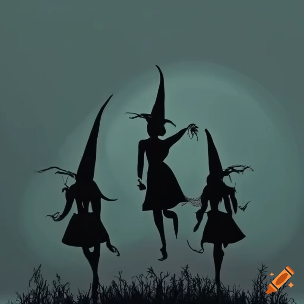 Silhouette of three witches in various shapes and sizes