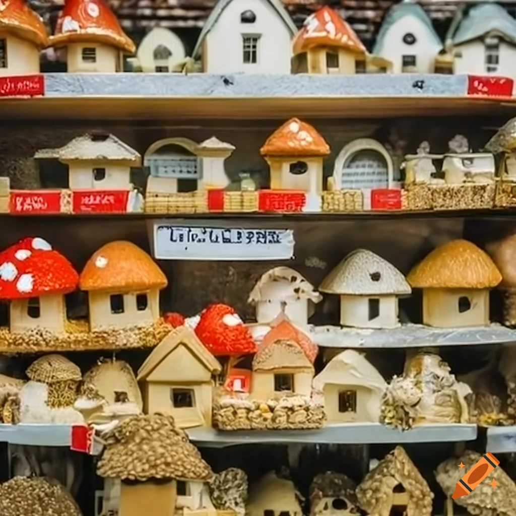 Miniature mushroom houses on a store shelf