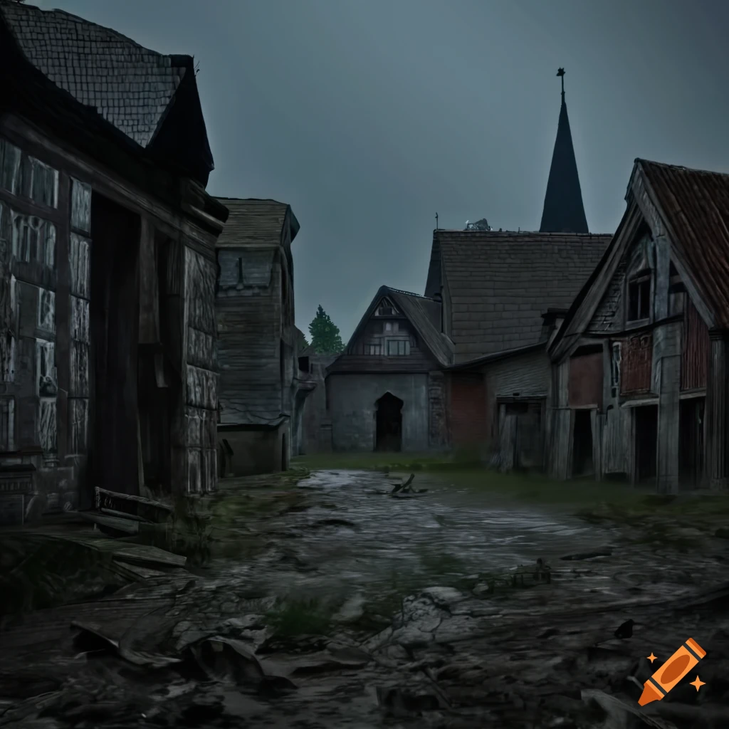 Desolate medieval European village at dusk with abandoned houses and muddy streets