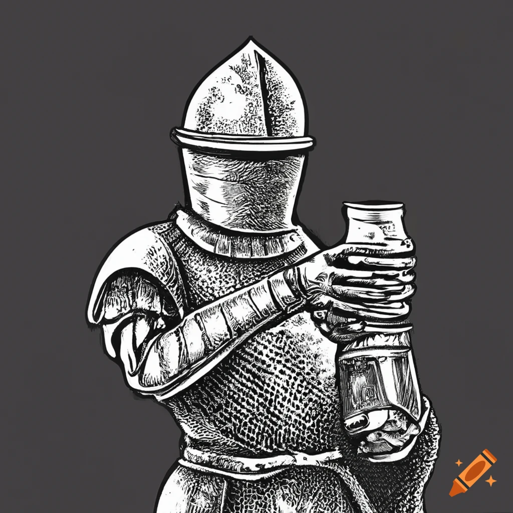 Funny black and white engraving of knight drinking beer