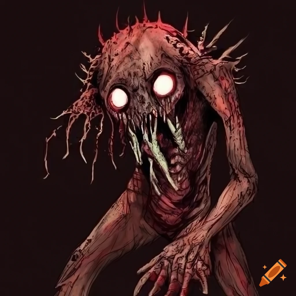 Scary creature with multiple eyes on face in a dark and gory art piece