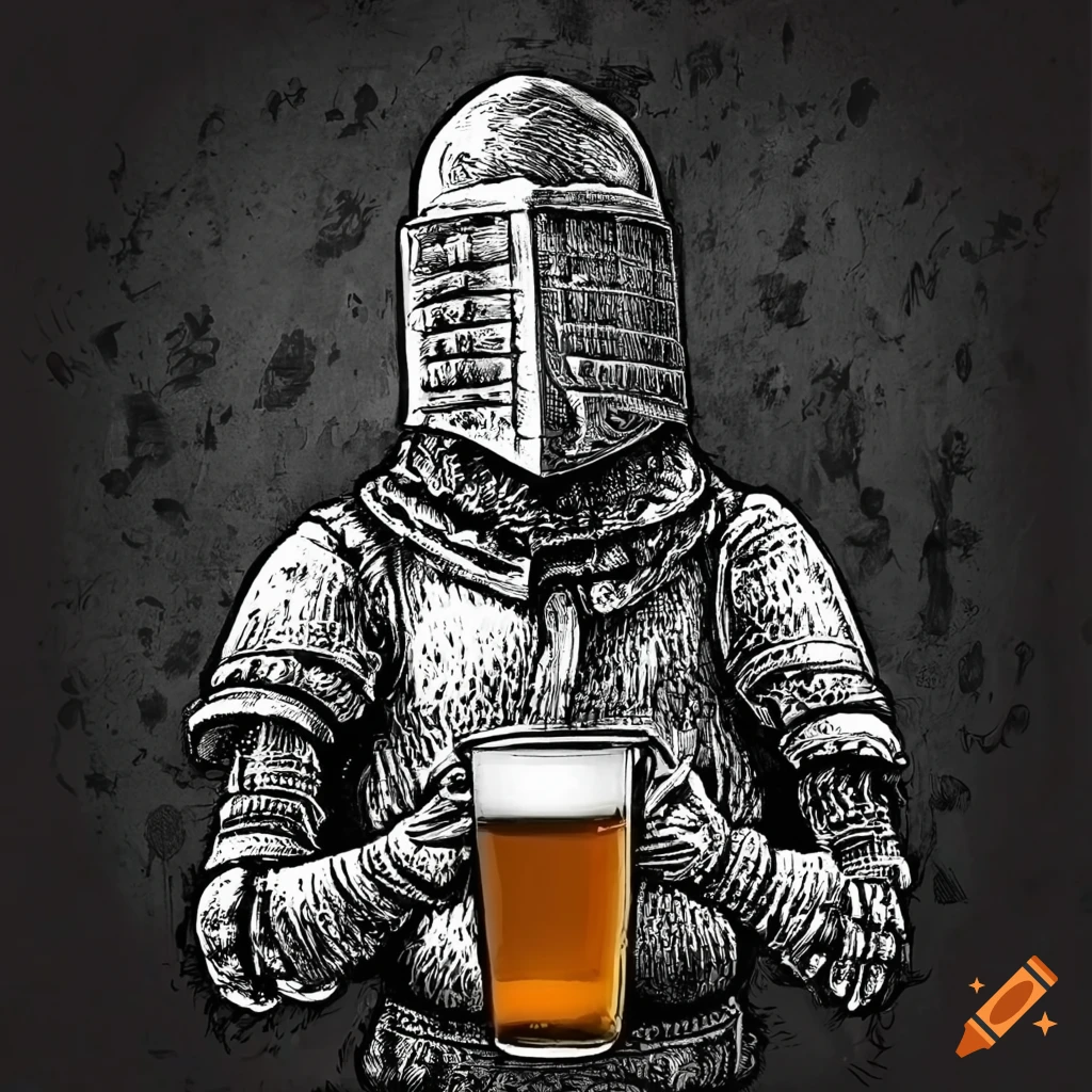 Knight enjoying craft beer in a humorous engraving