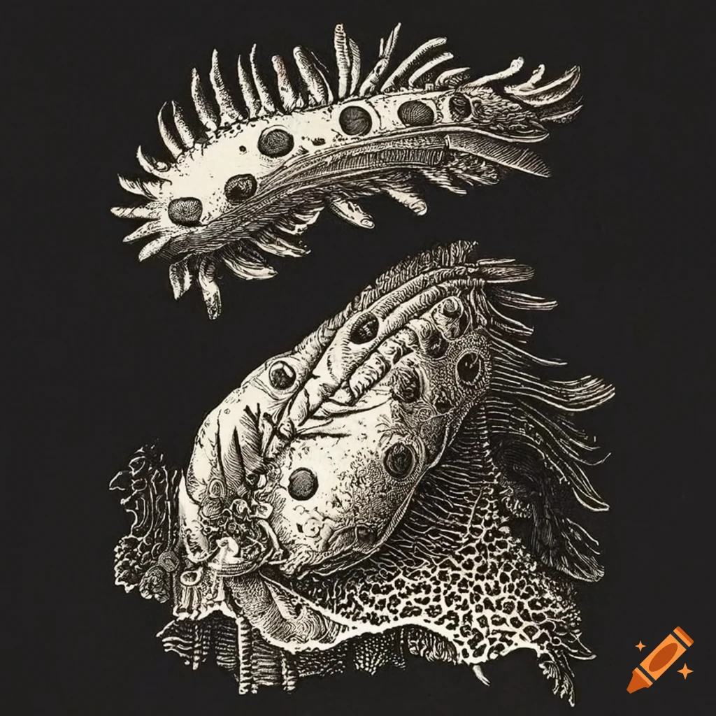 Engraving of flying human sea slugs in a fantastical composition reminiscent of Albrecht Durer's style