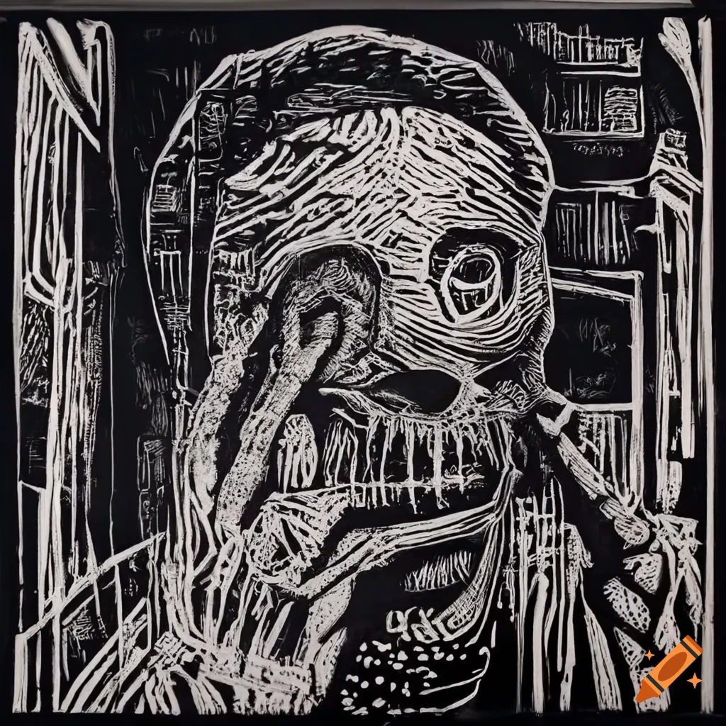 Men surrounded by mysterious objects in a surreal factory in 4k linocut style