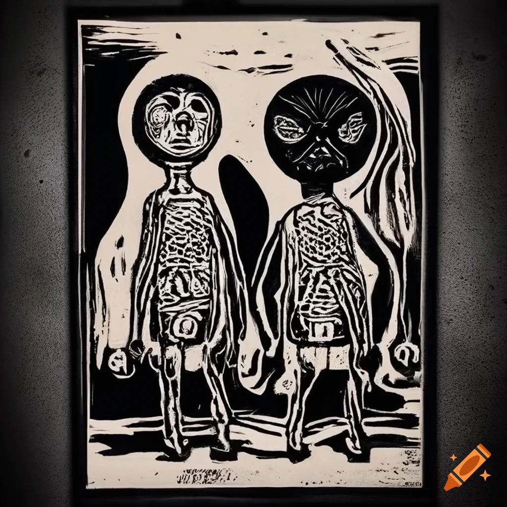 Alien men surrounded by strange objects in surreal print