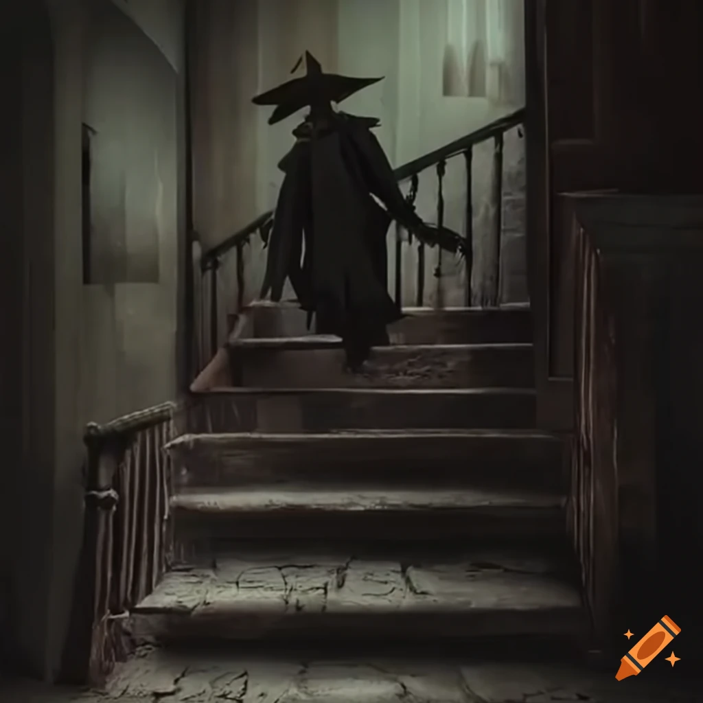 Scarecrow climbing dark staircase in a house