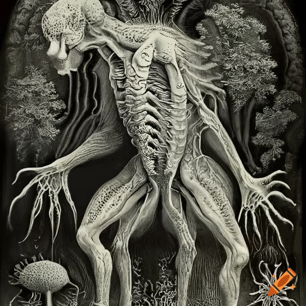 Retro mysterious creature anatomy illustration in grayscale