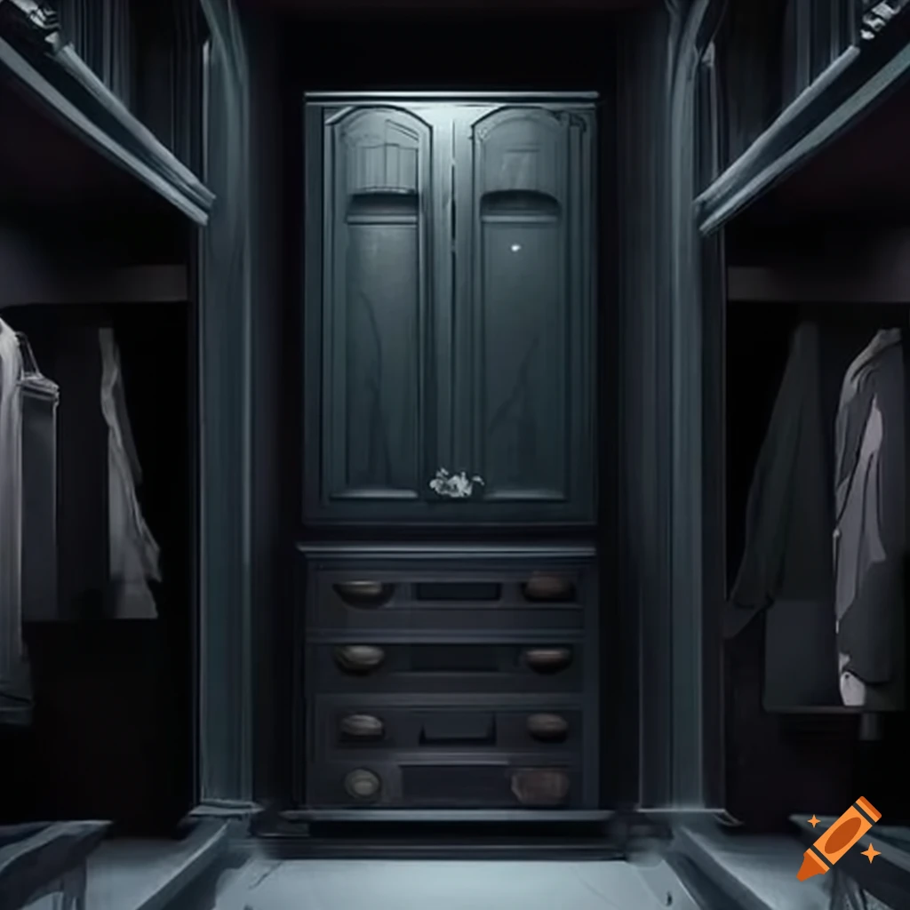 Anime-style dark boys' room with creepy wardrobe