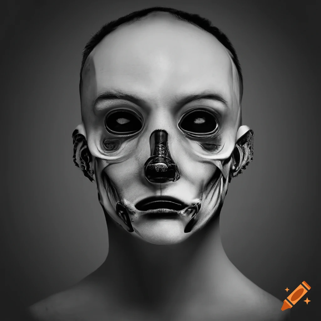 Realistic black and white photograph of a male cyborg in 1880s style