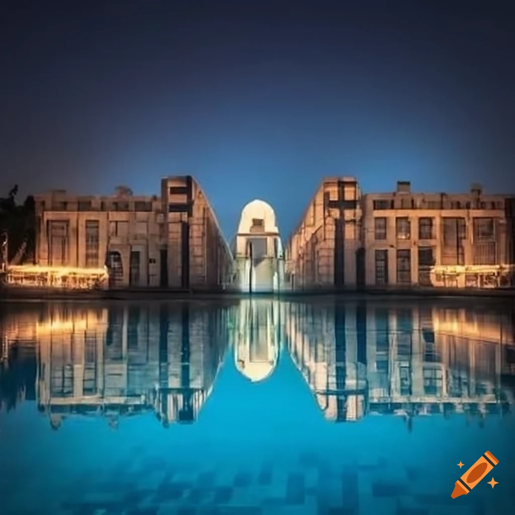 Modern architecture of Nile Gate University campus surrounding a tranquil pool
