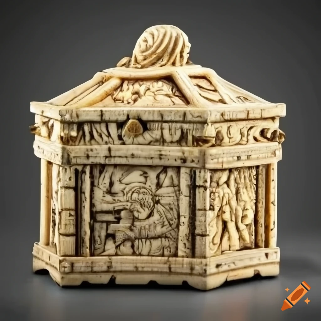 Engraved ivory lid of a dwarven treasure chest depicting armored dwarves battling a giant