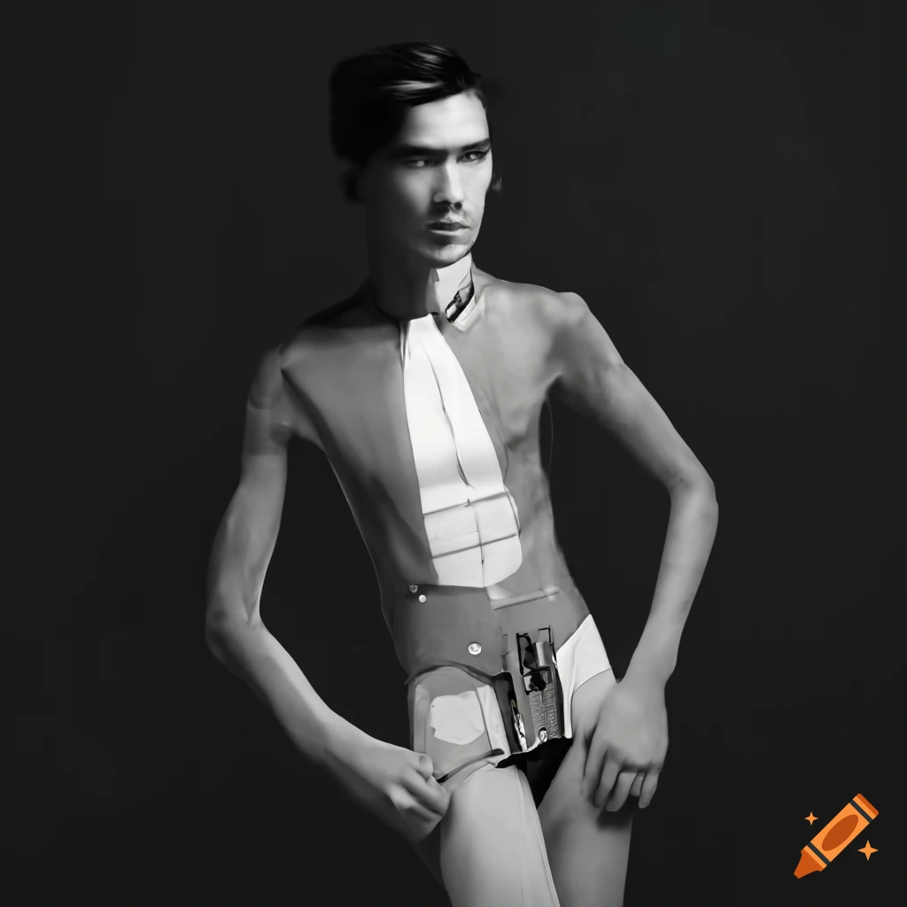 PhotoRealistic black and white image of a 1920s male cyborg in a transparent dress shirt