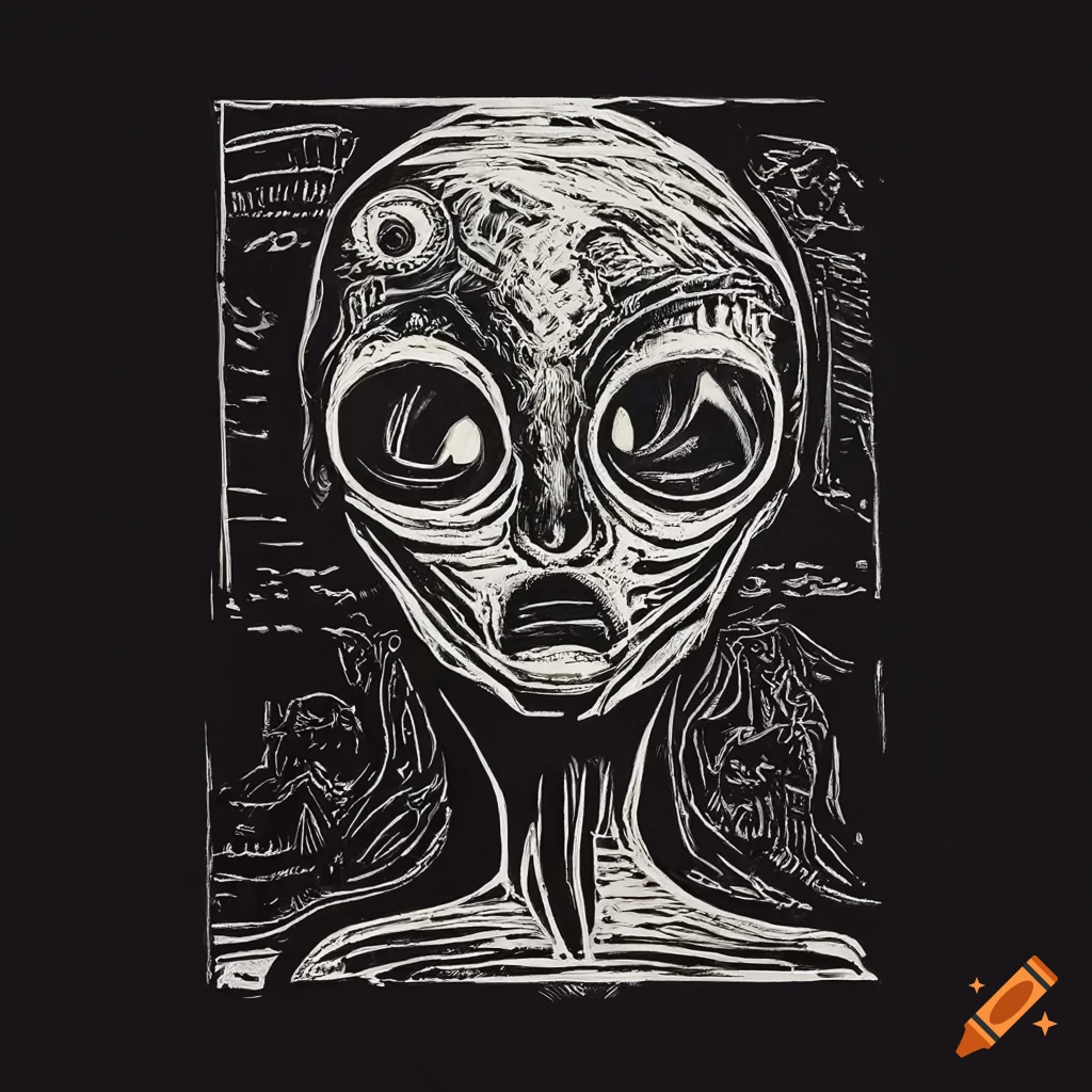 4k linocut men surrounded by strange objects in surreal alien animal mask family