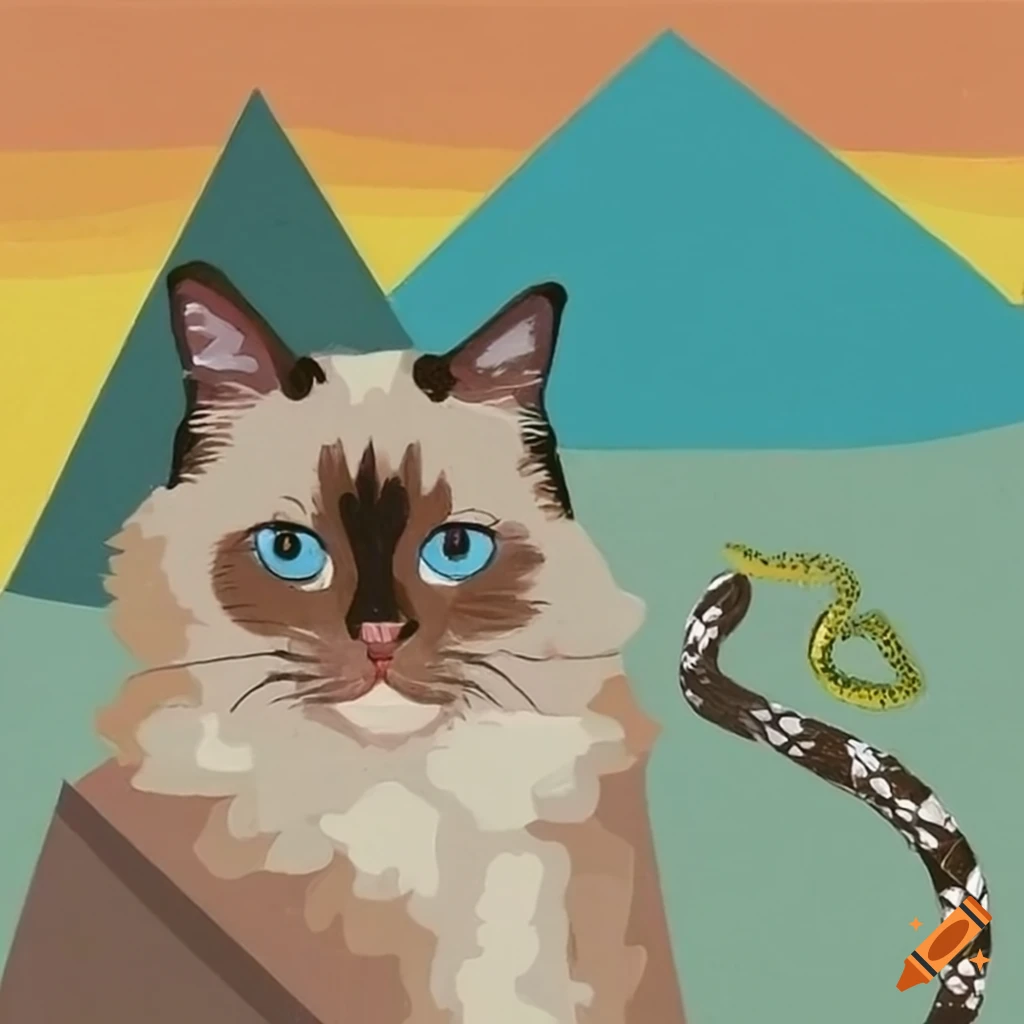 Ragdoll cat with snake friend in front of a pyramid in an oil painting
