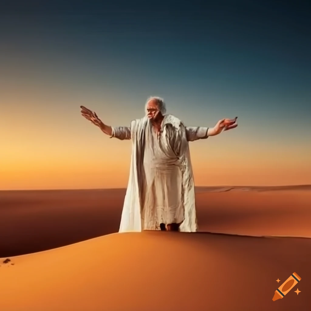 Old man raising hands in desert landscape