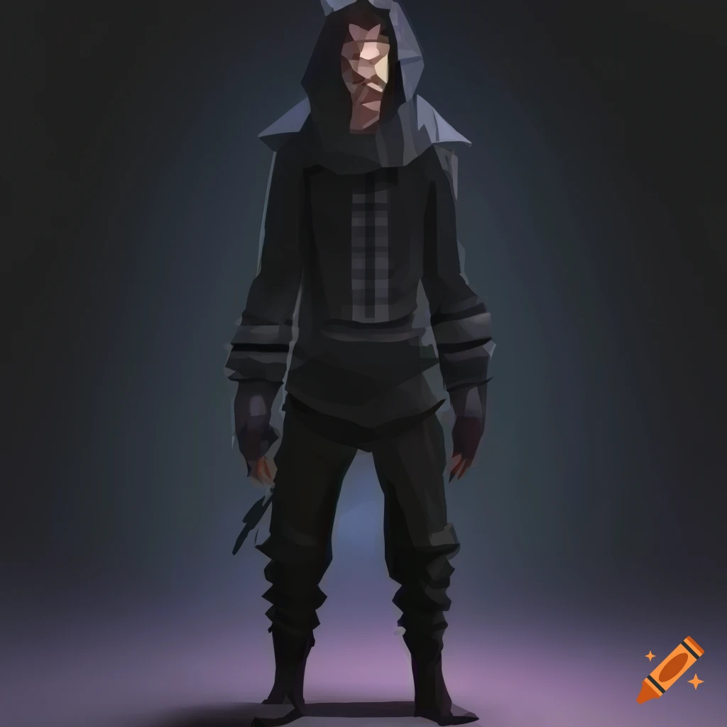 Man in black ragged suit exploring a dungeon in low poly concept art on ...