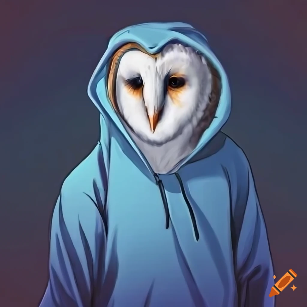 Mystical Barn owl in light blue hoodie with a wise look