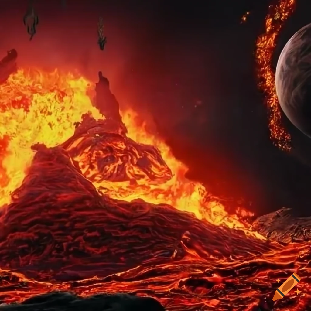 Volcanic planet Mustafar with mining operations in pixel art style
