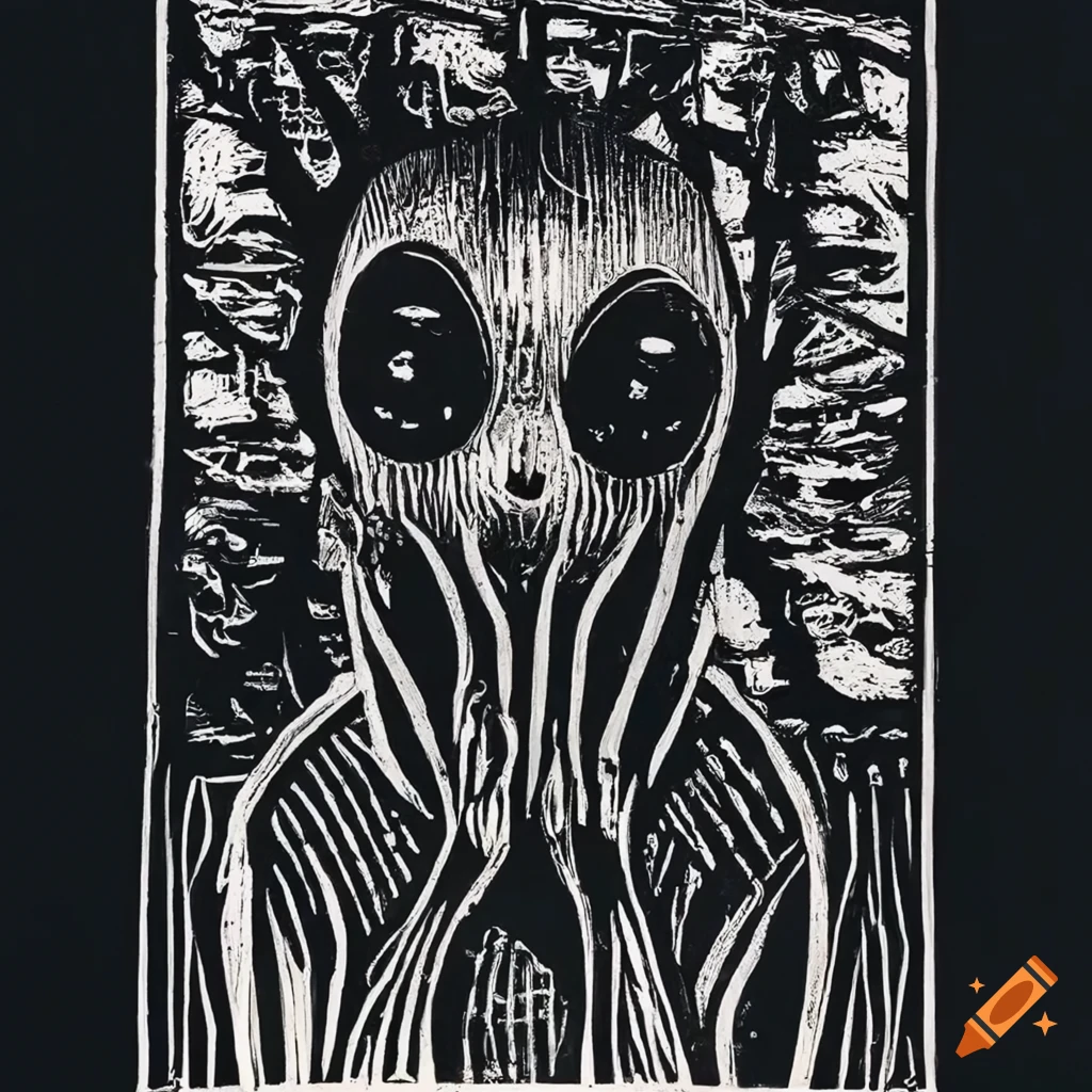 Lino print of men surrounded by strange objects in a surreal alien landscape