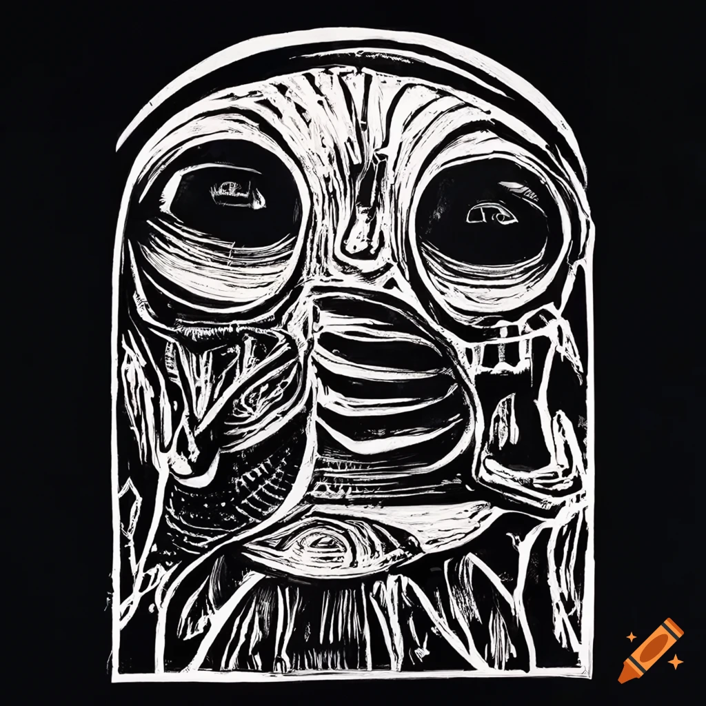A lino print with men and mysterious objects in a surreal alien animal mask setting