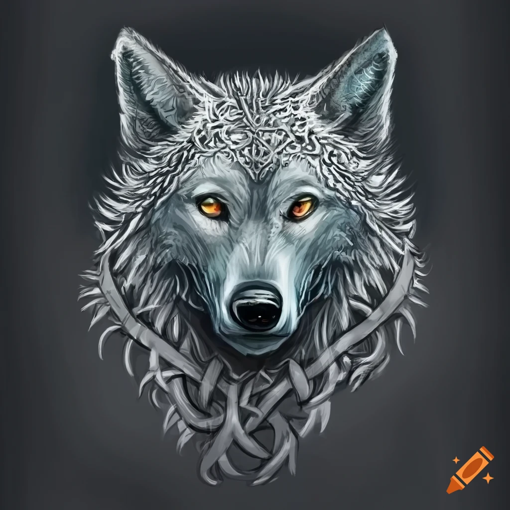 Detailed Celtic wolf head sketch with deep and moody vibes