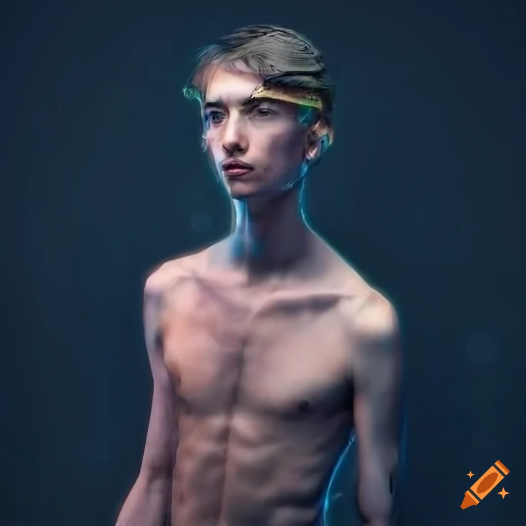 Hyperrealist depiction of a skinny male time traveler cyborg in futuristic transparent streetwear with glitch effect