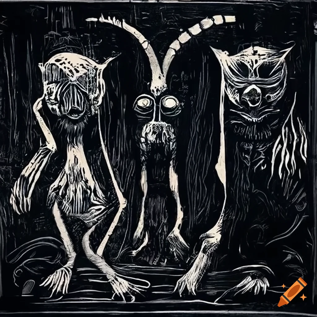 Men surrounded by strange objects in a surreal factory - 4K linocut print