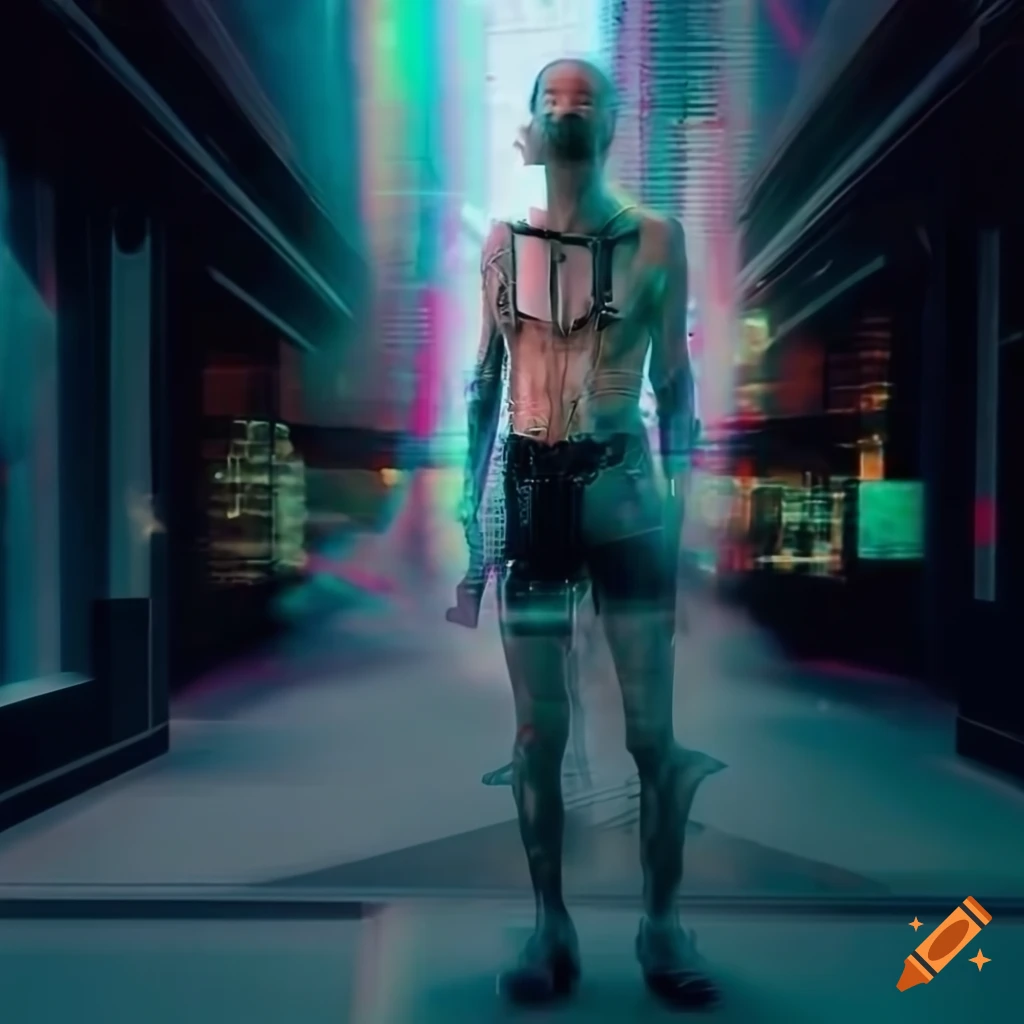 Hyperrealist image of a male time traveler cyborg in futuristic streetwear